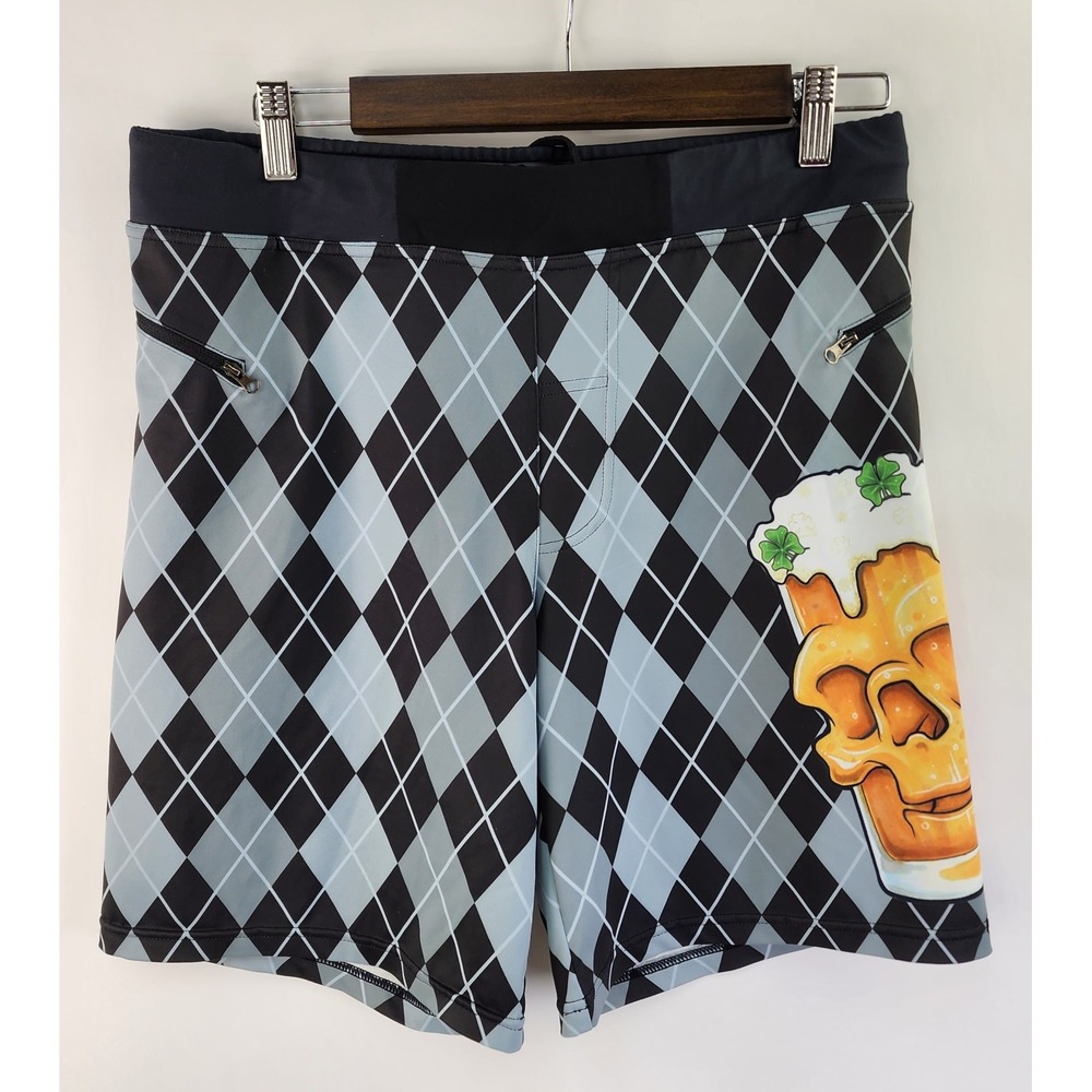 Feed Me Fight Me Shorts Men's S Skull Beer Argyle Diamond Drawstring Athletic